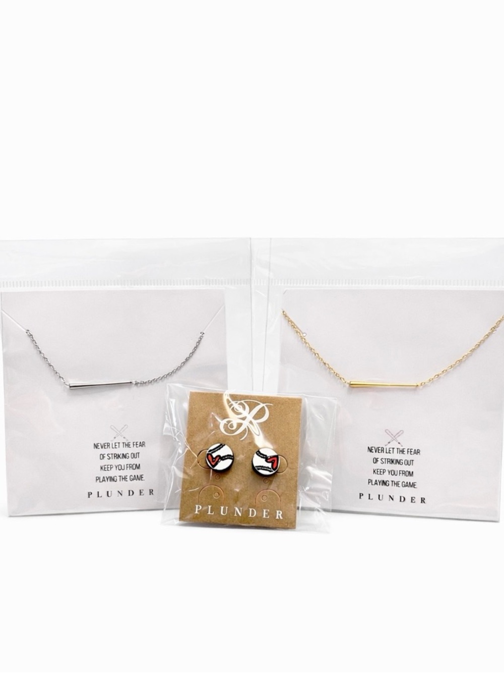 Plunder Jewelry Bundle NWOT Baseball Stud Earrings + Gold & Silver Bar Necklaces